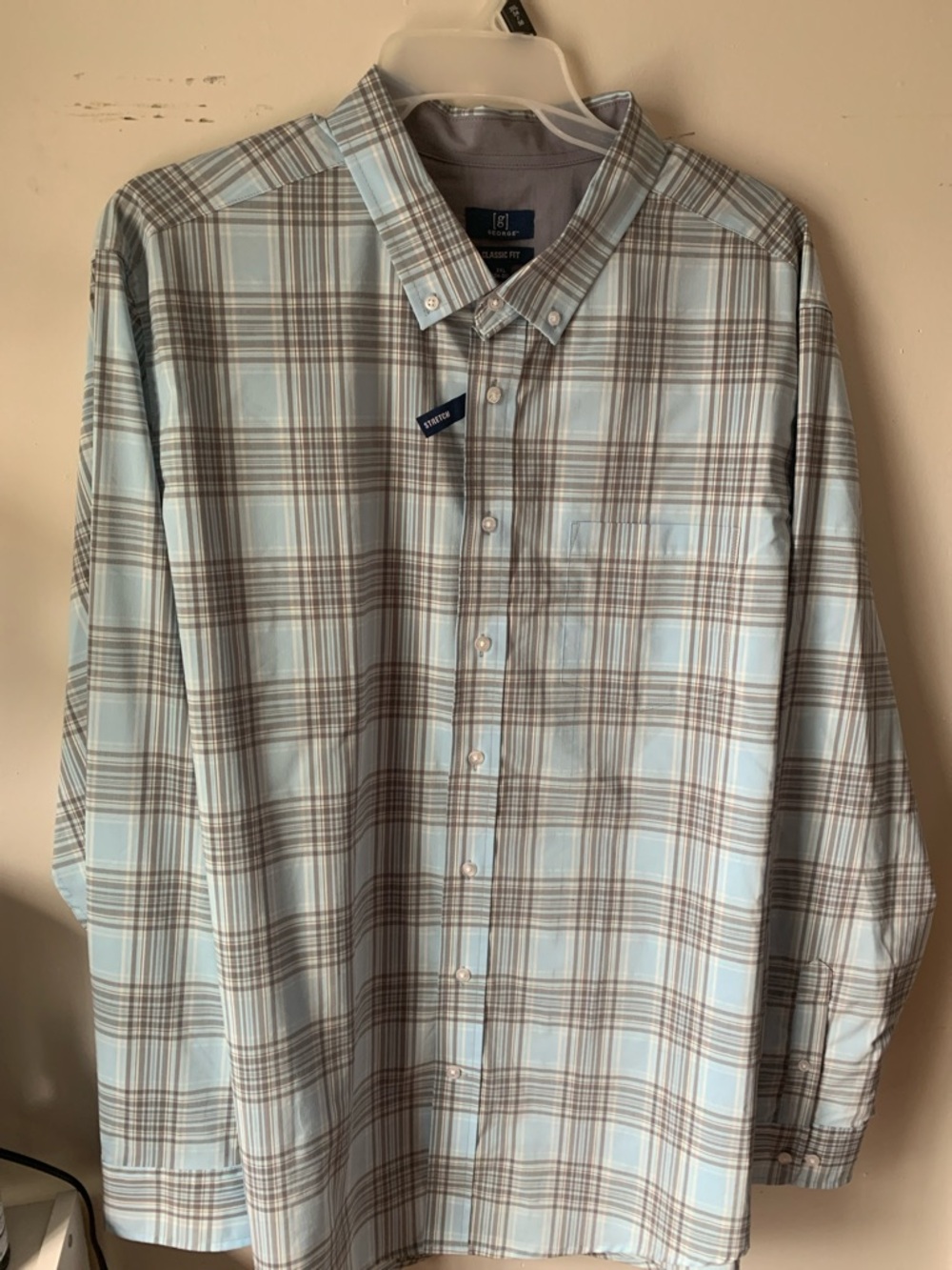 George Light Blue and Brown Plaid Button-Down Shirt